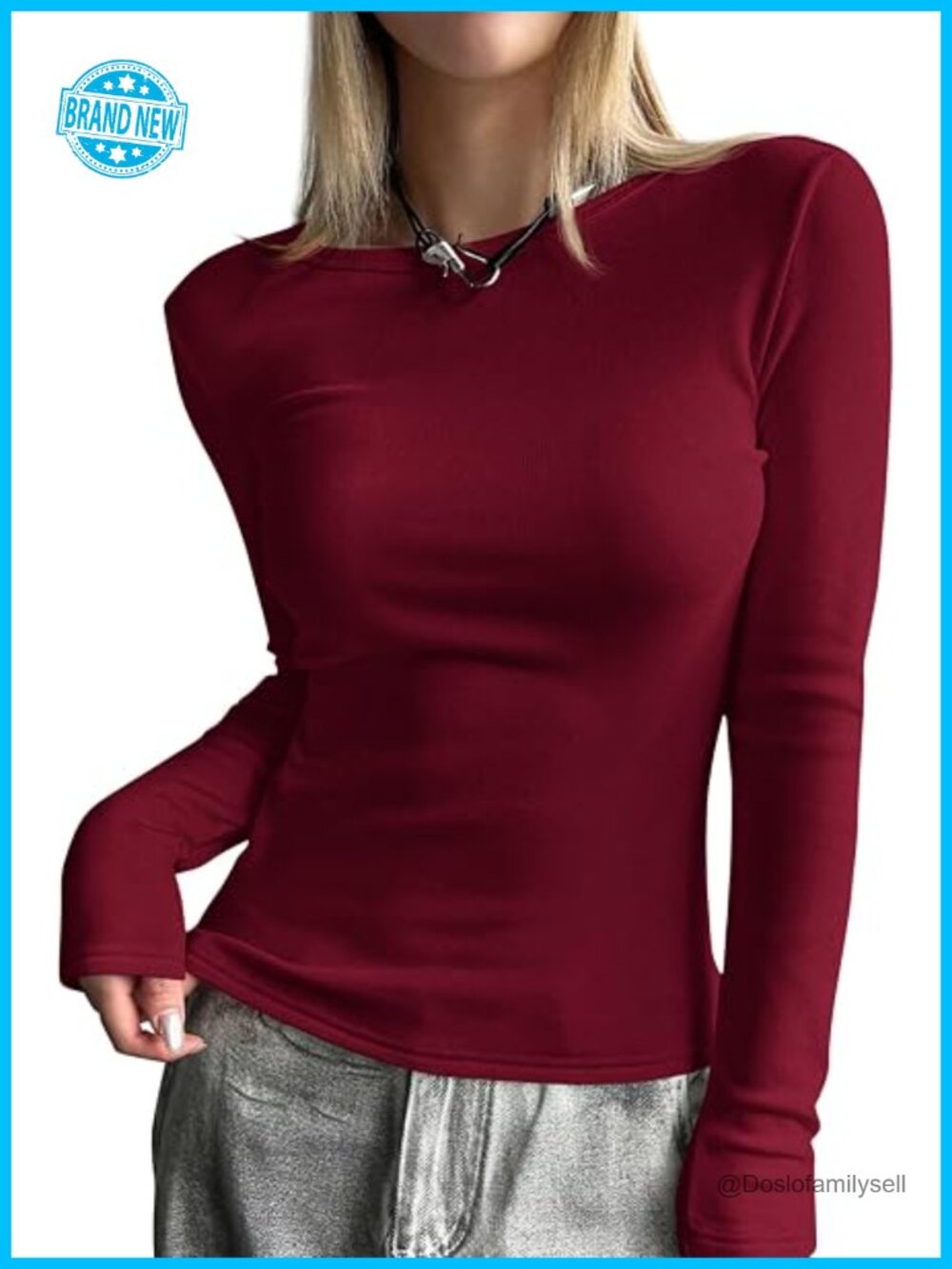 Long Sleeve Boat Neck Rib Knit Fitted T-Shirt